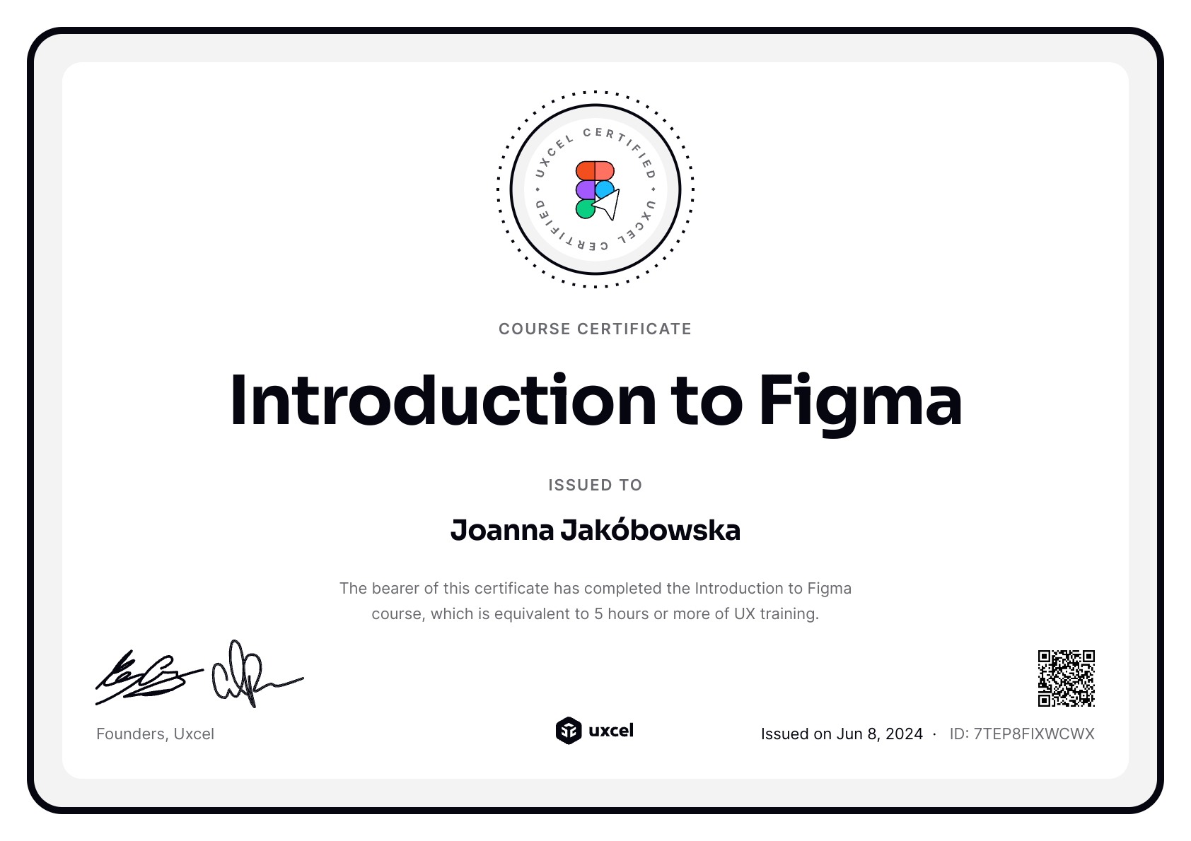 Joanna Jakóbowska's certificate